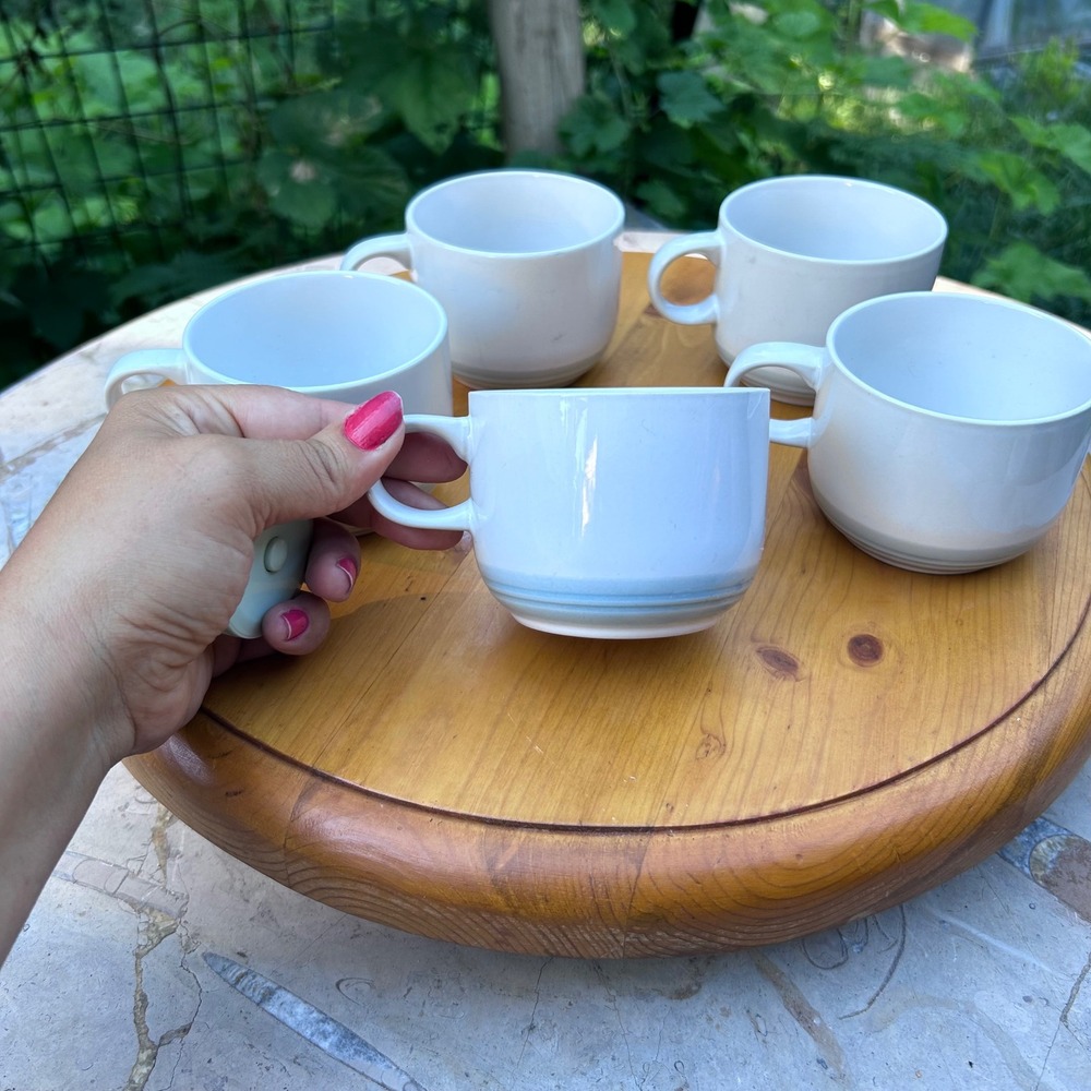 Vintage Stoneware Coffee Cups Set 5 White Grey Ribbed Genuine Stoneware Japan